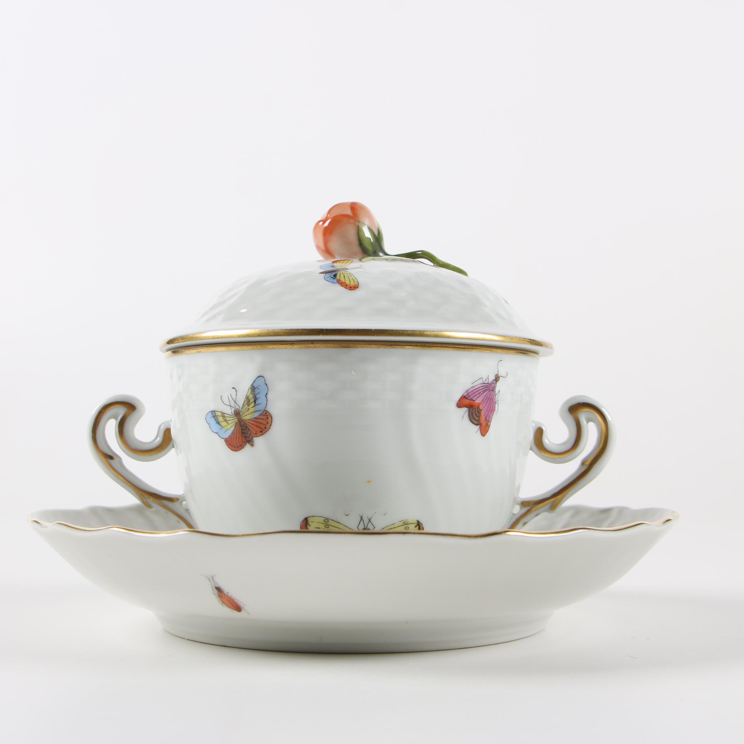 Herend "Rothschild Bird" Porcelain Lidded Bouillon Cups with Saucers