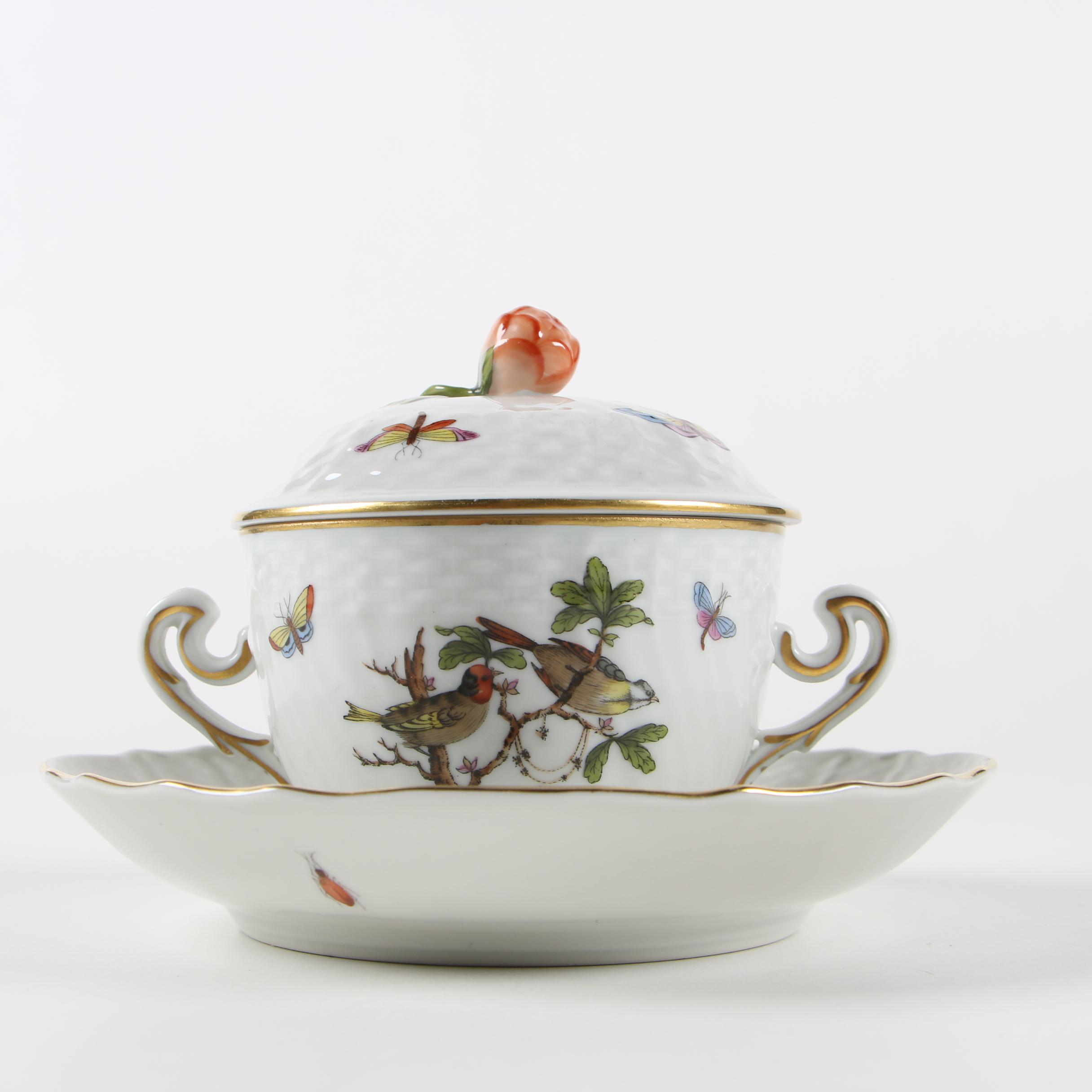 Herend "Rothschild Bird" Porcelain Lidded Bouillon Cups with Saucers