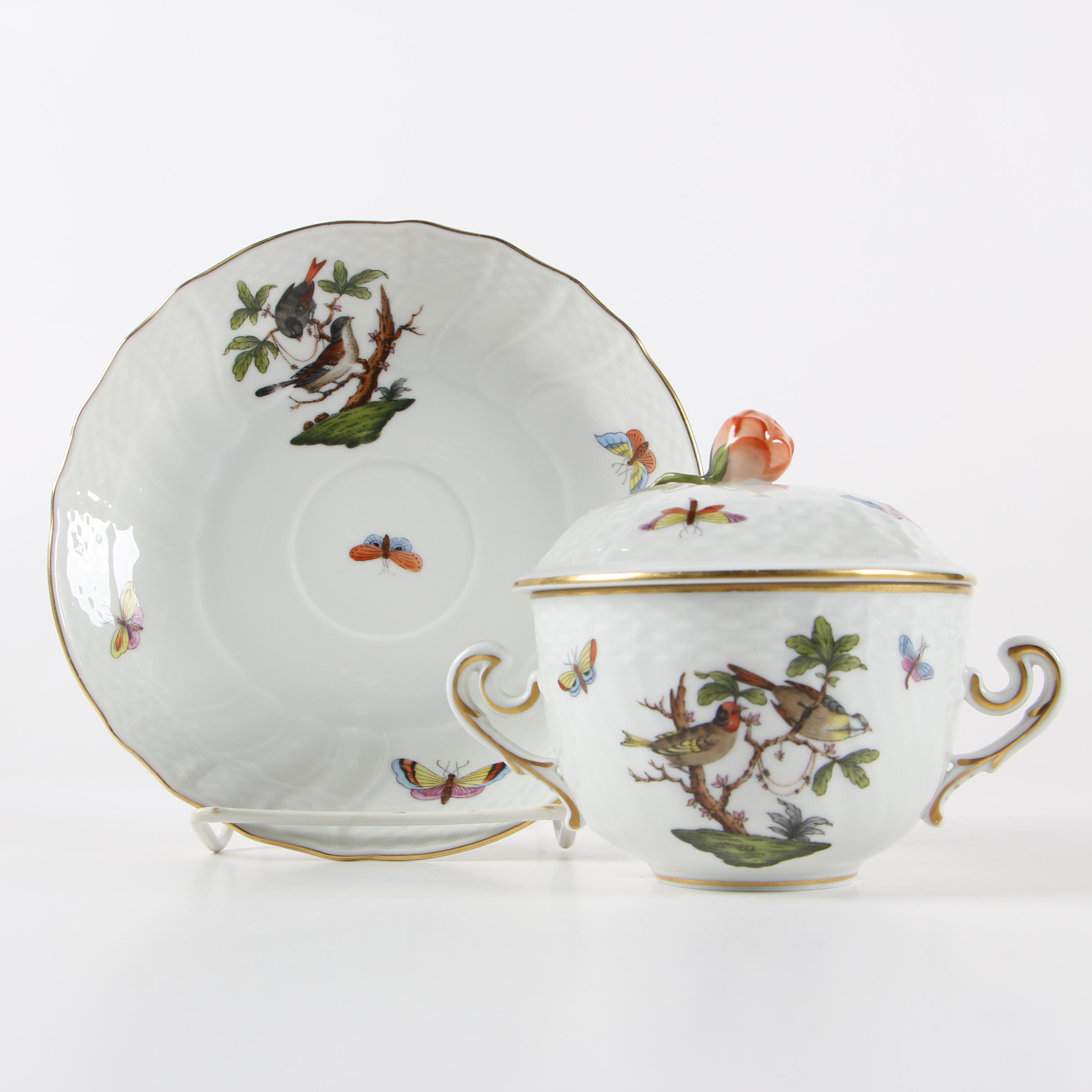 Herend "Rothschild Bird" Porcelain Lidded Bouillon Cups with Saucers