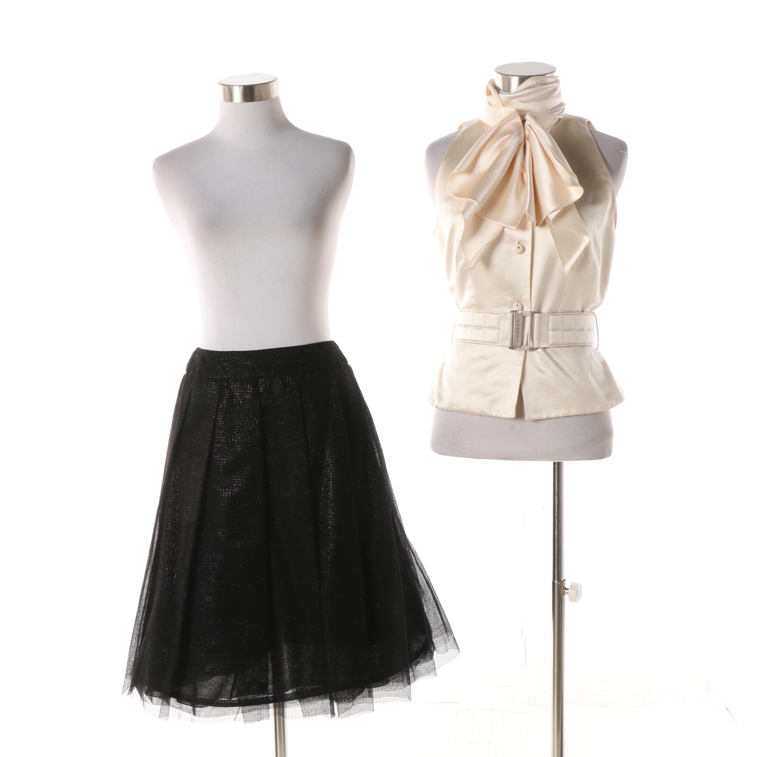 Chanel Ivory Silk Blouse and Black Tulle Overlay Pleated Skirt