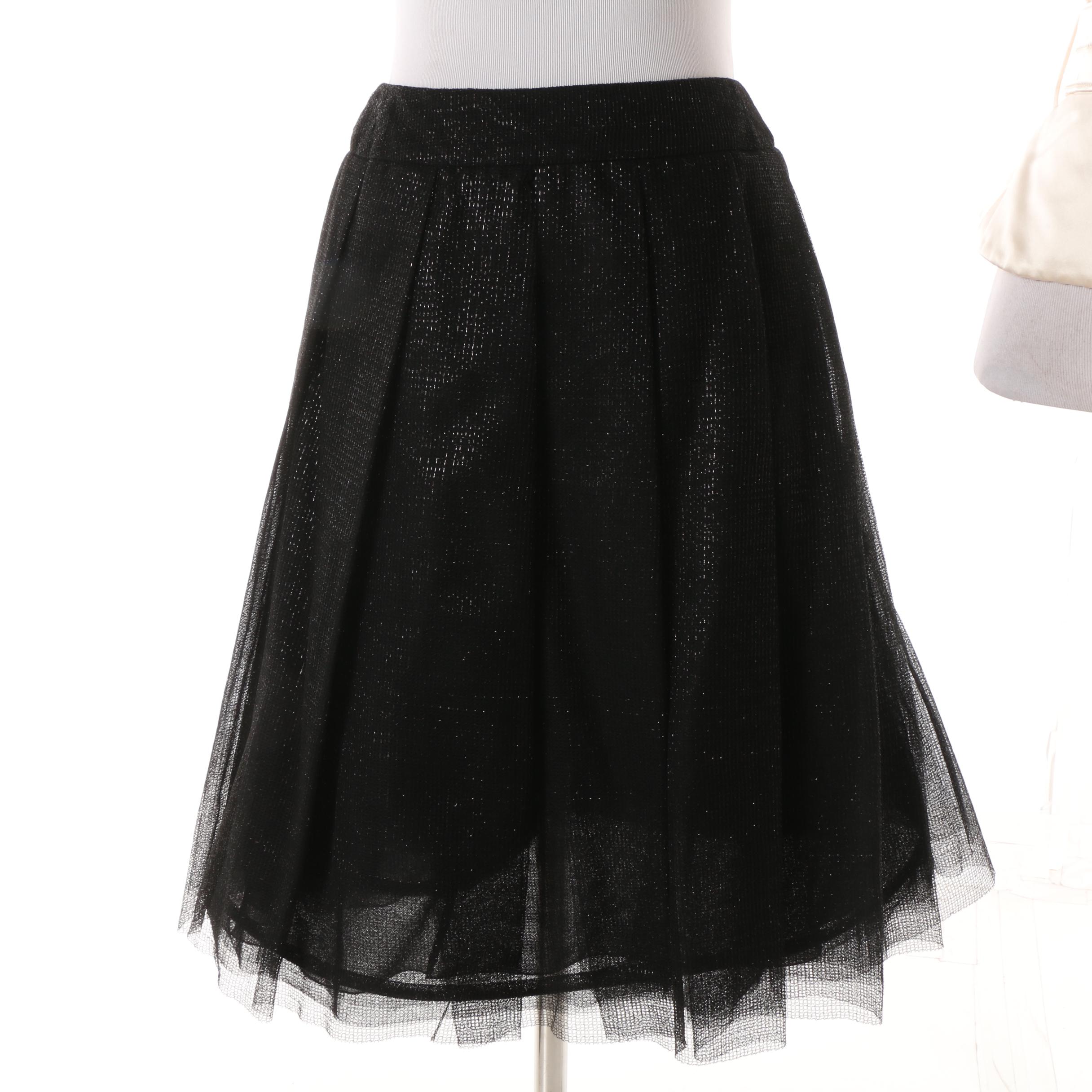 Chanel Ivory Silk Blouse and Black Tulle Overlay Pleated Skirt