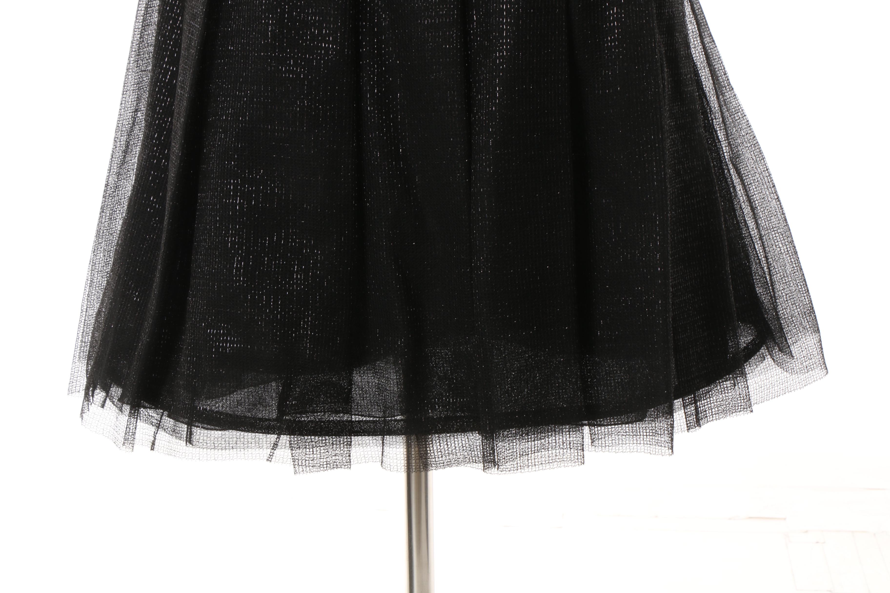 Chanel Ivory Silk Blouse and Black Tulle Overlay Pleated Skirt