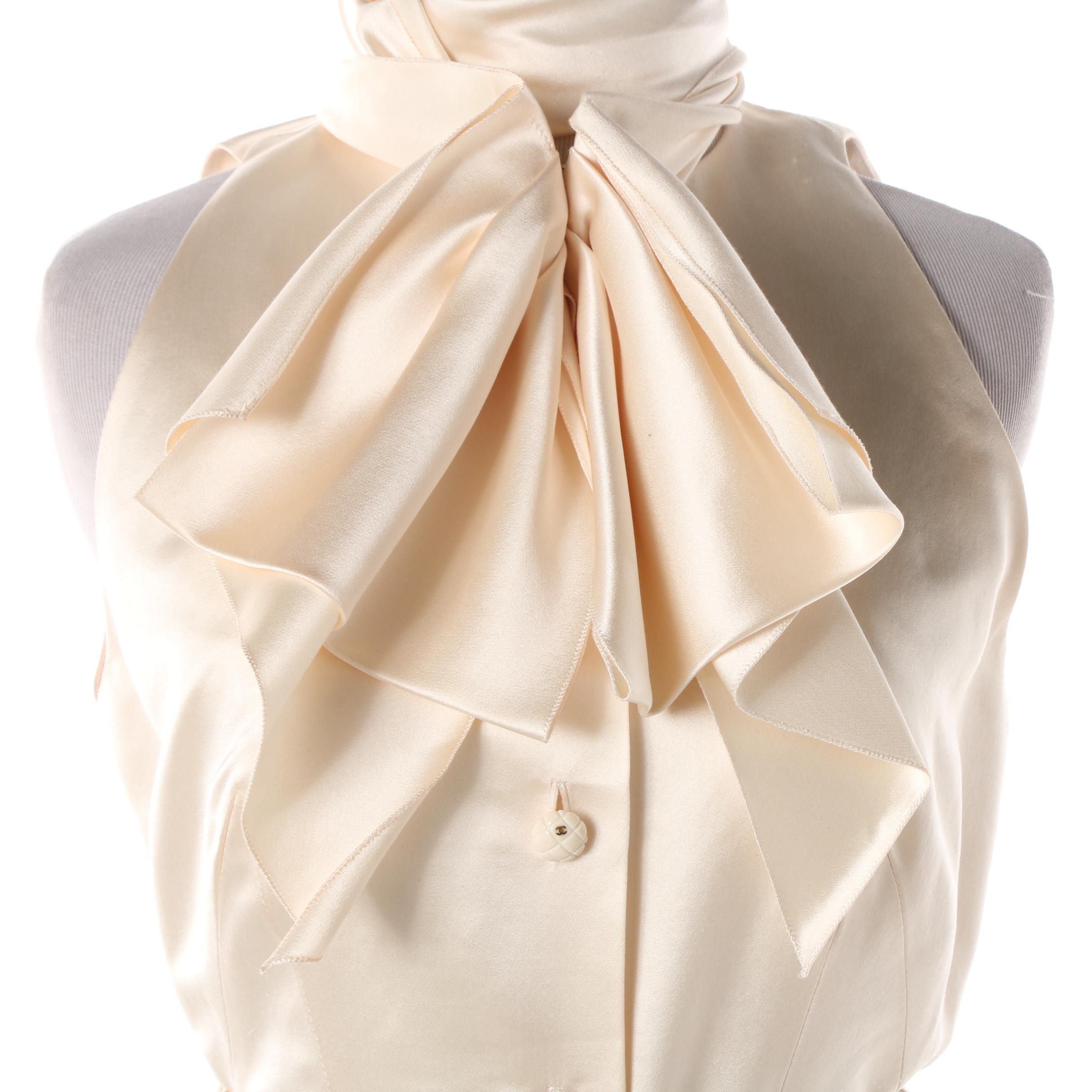 Chanel Ivory Silk Blouse and Black Tulle Overlay Pleated Skirt