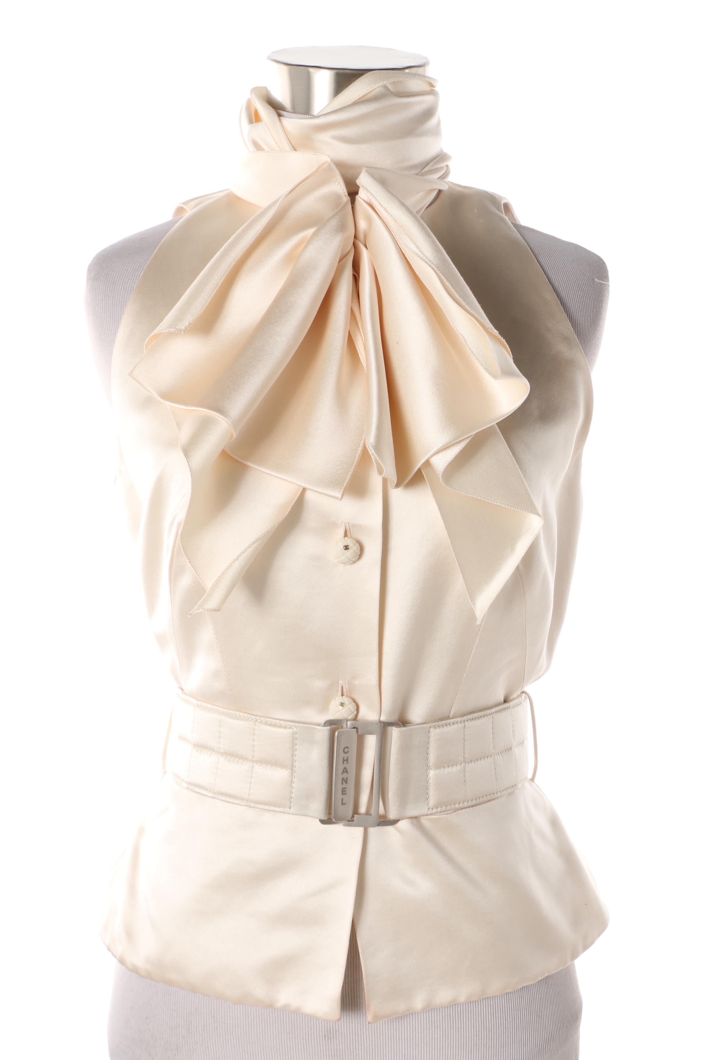 Chanel Ivory Silk Blouse and Black Tulle Overlay Pleated Skirt