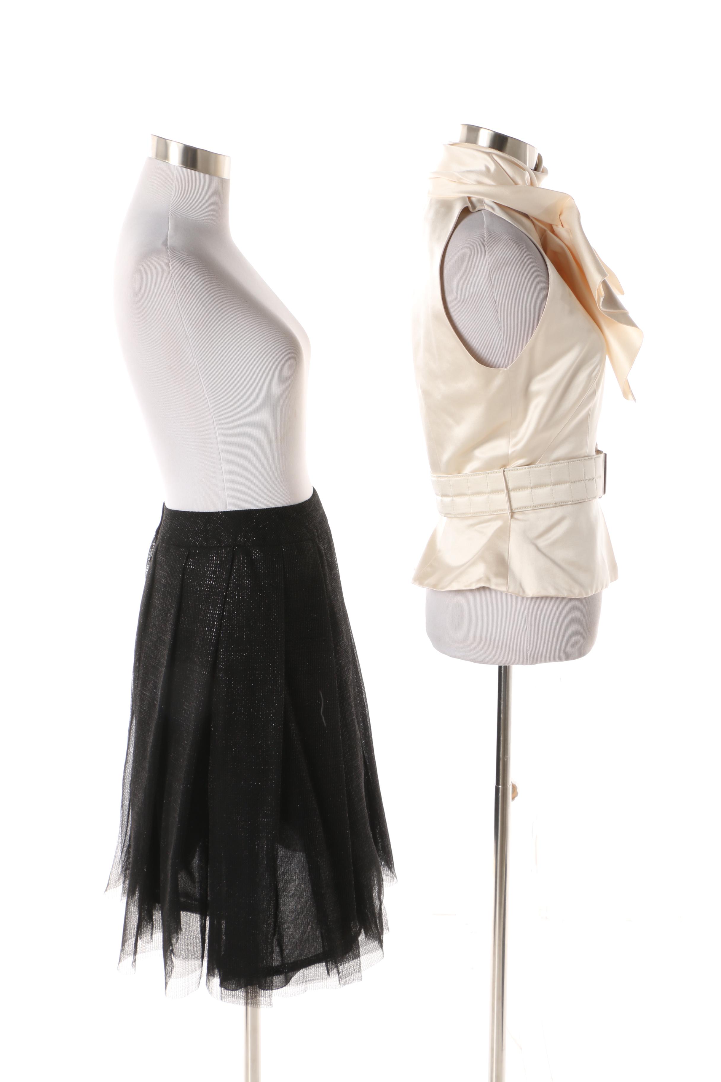 Chanel Ivory Silk Blouse and Black Tulle Overlay Pleated Skirt