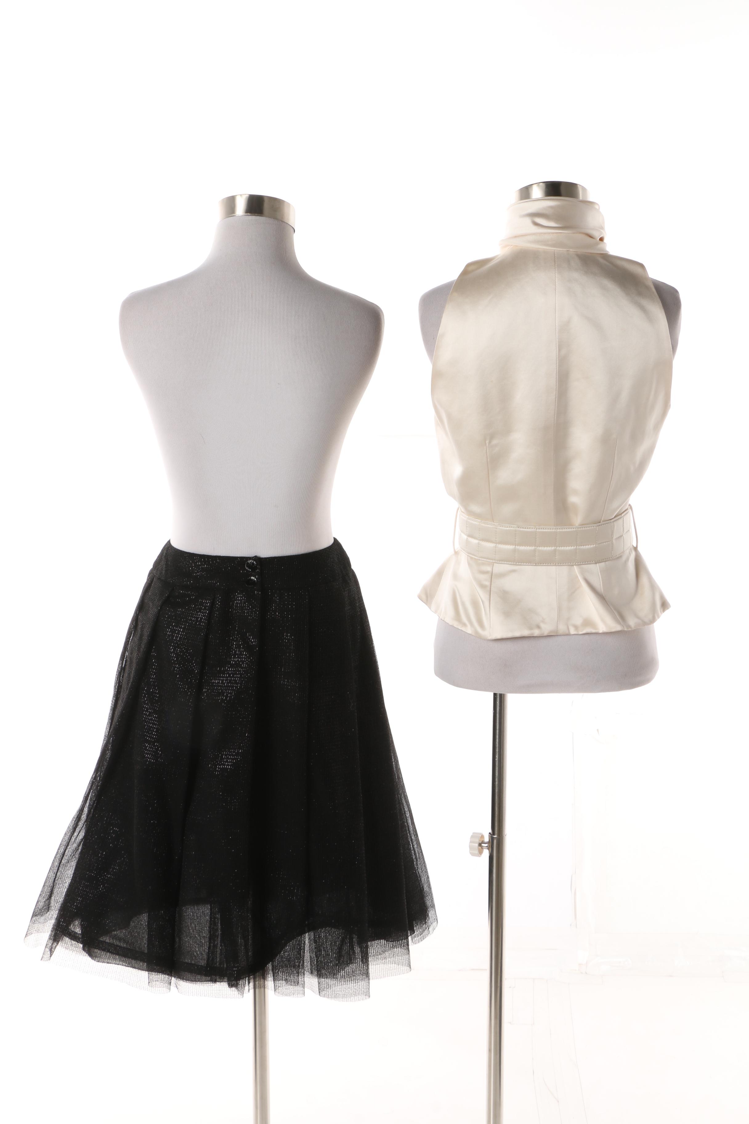 Chanel Ivory Silk Blouse and Black Tulle Overlay Pleated Skirt