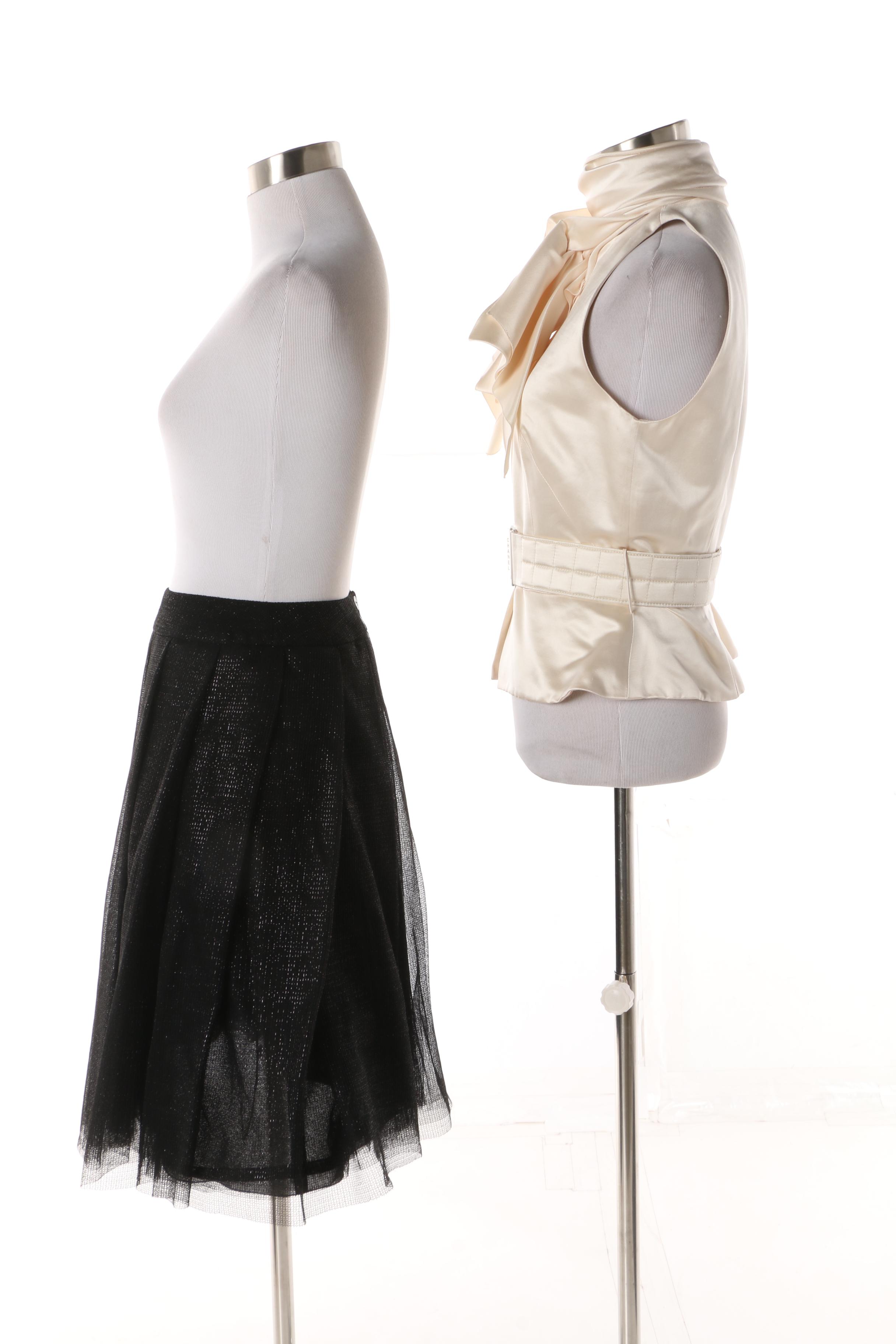 Chanel Ivory Silk Blouse and Black Tulle Overlay Pleated Skirt