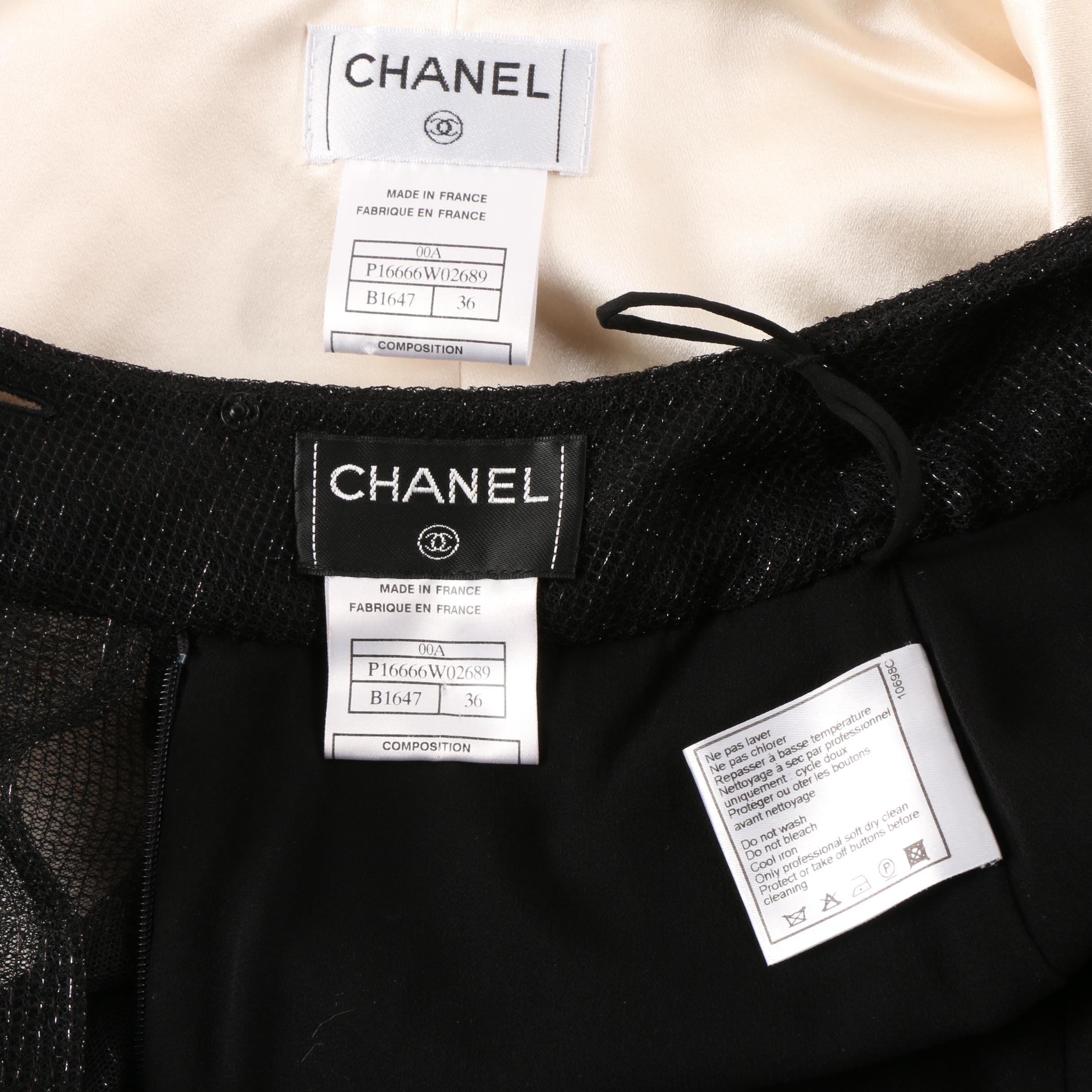 Chanel Ivory Silk Blouse and Black Tulle Overlay Pleated Skirt