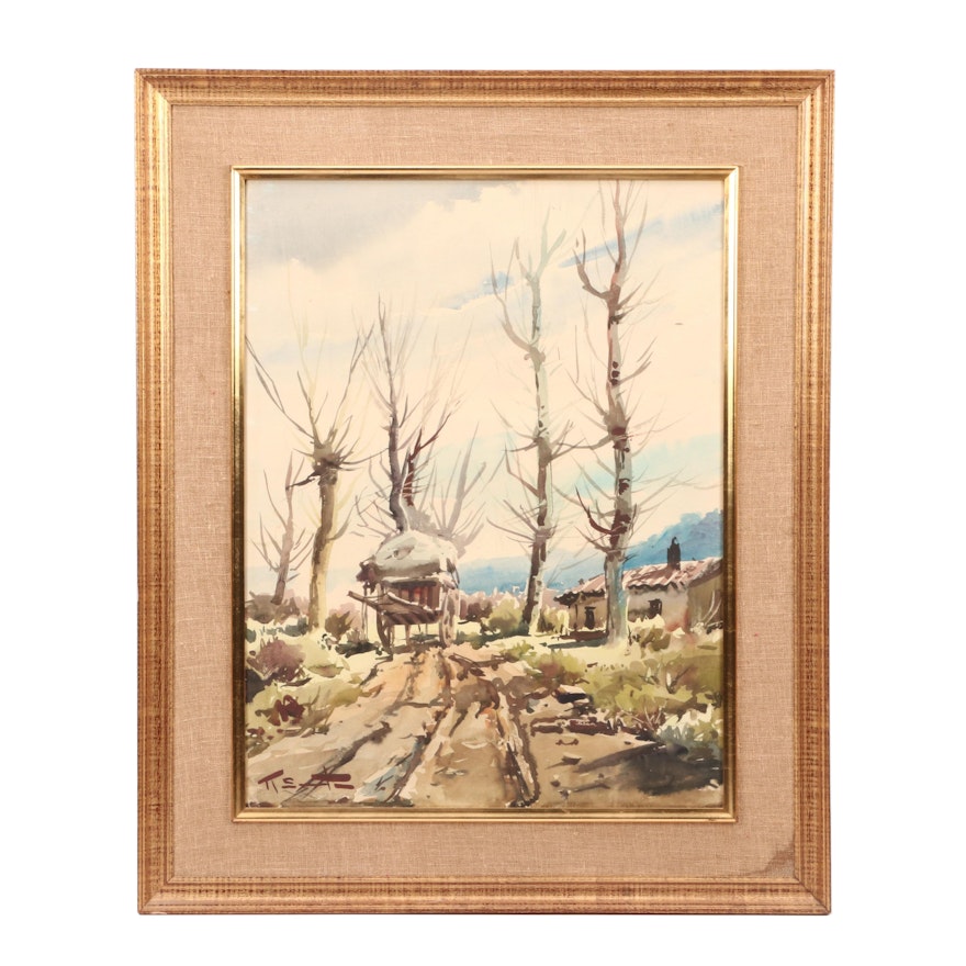 Mid-Century Watercolor Landscape Painting "Aranjuez"