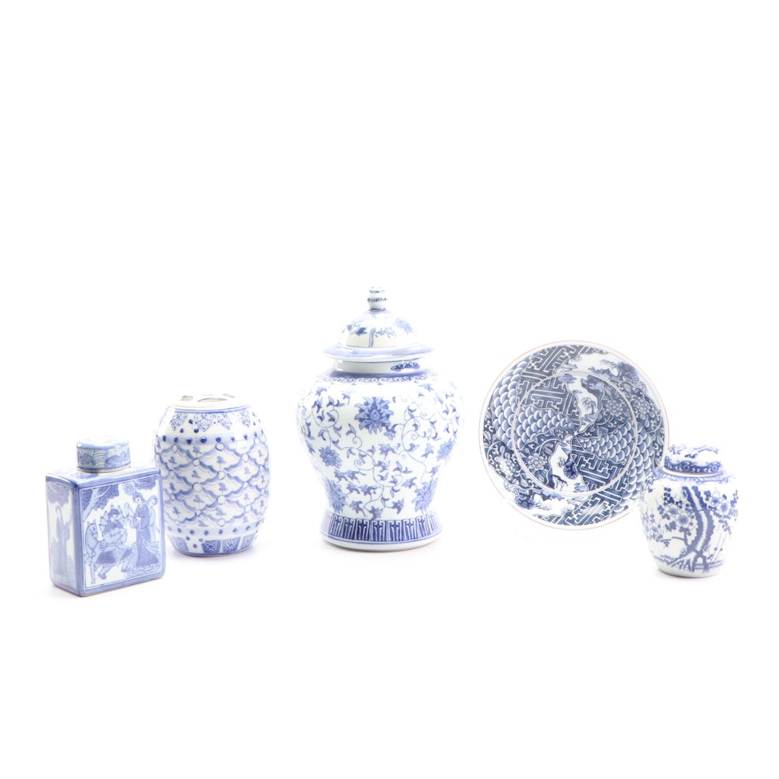 Chinese Blue and White Porcelain Ginger Jars, Vase, and Plate