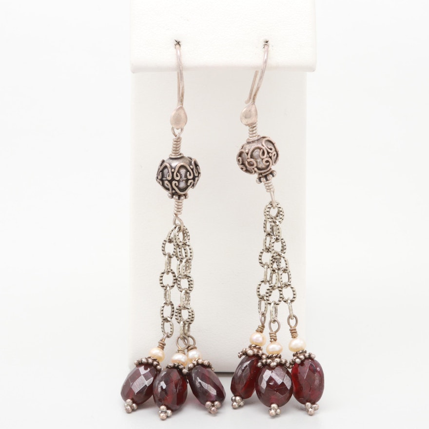 Vintage Sterling Silver Garnet and Cultured Pearl Drop Tassel Earrings