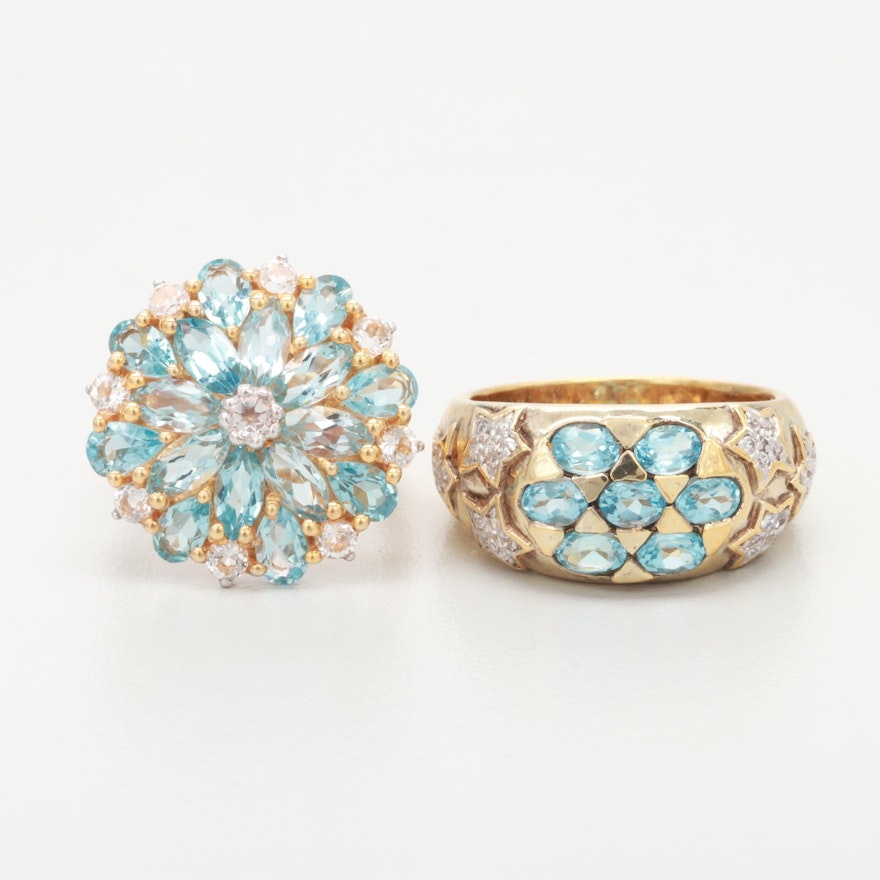 Gold Wash on Sterling Silver Blue Topaz and White Topaz Rings