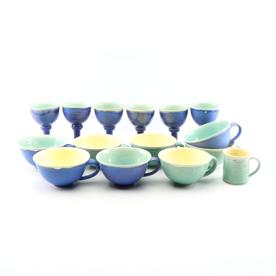 Beyond Blue Wheel Thrown Porcelain Goblets and Mugs, 21st Century