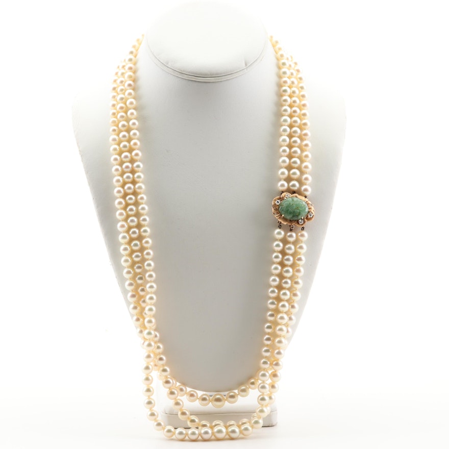 14K Yellow Gold Freshwater Pearl, Jadeite and Diamond Necklace