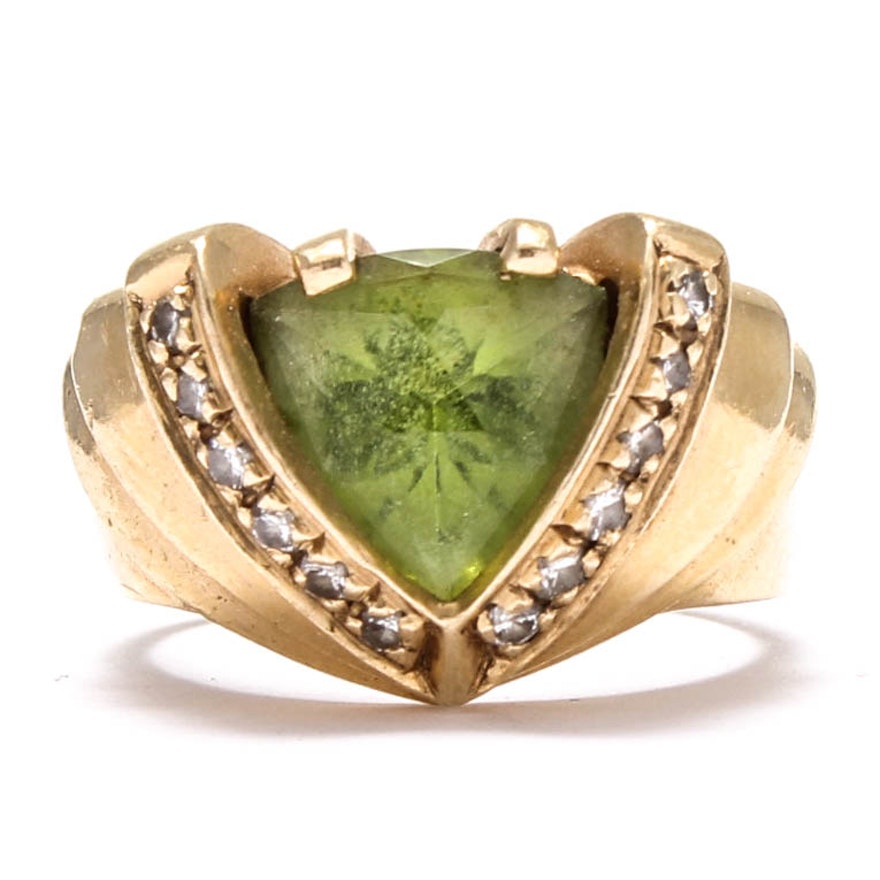 14K Yellow Gold Peridot Ring with Diamond Accents