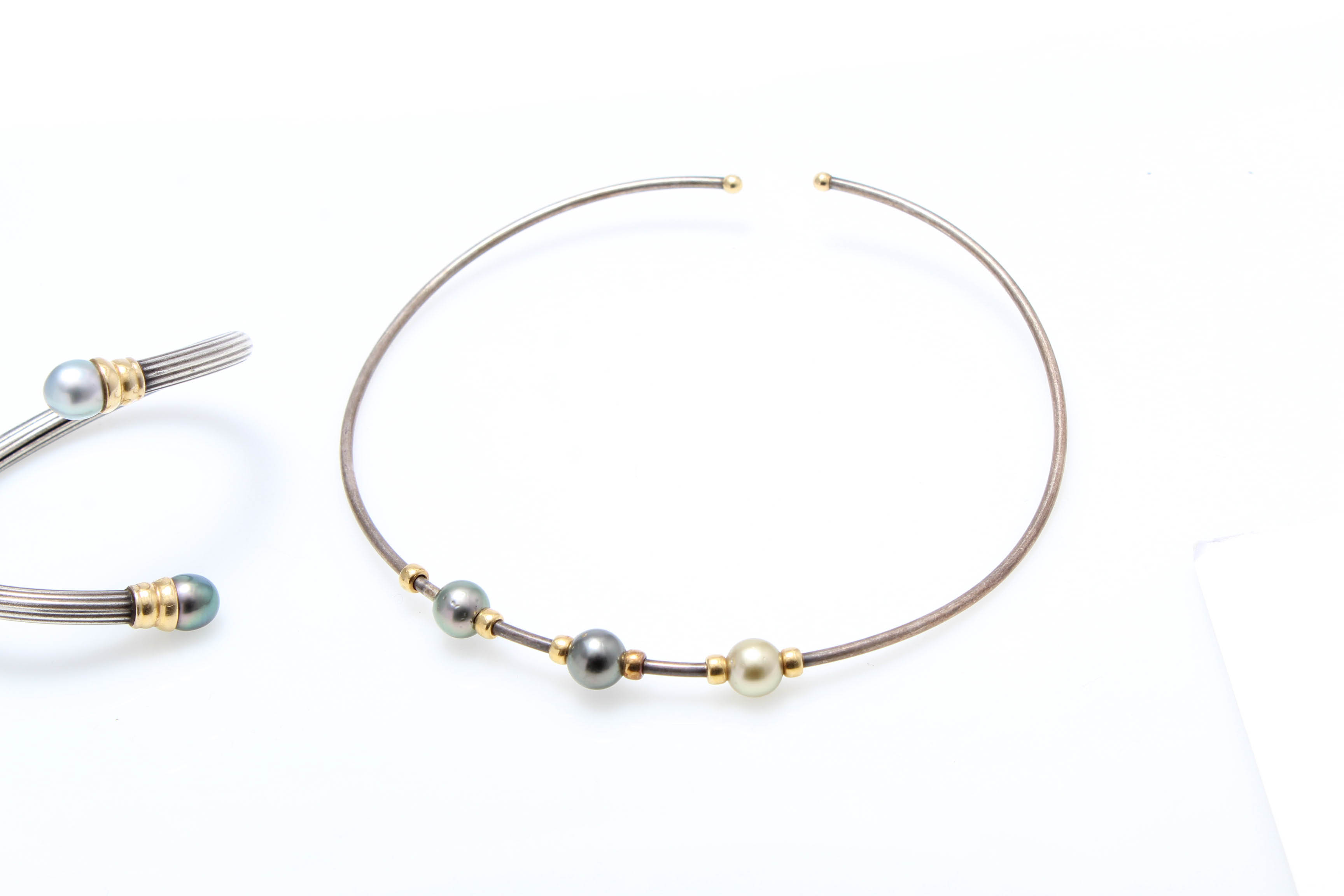 Sterling Silver 14K Yellow Gold Pearl Cuff Bracelet and Necklace