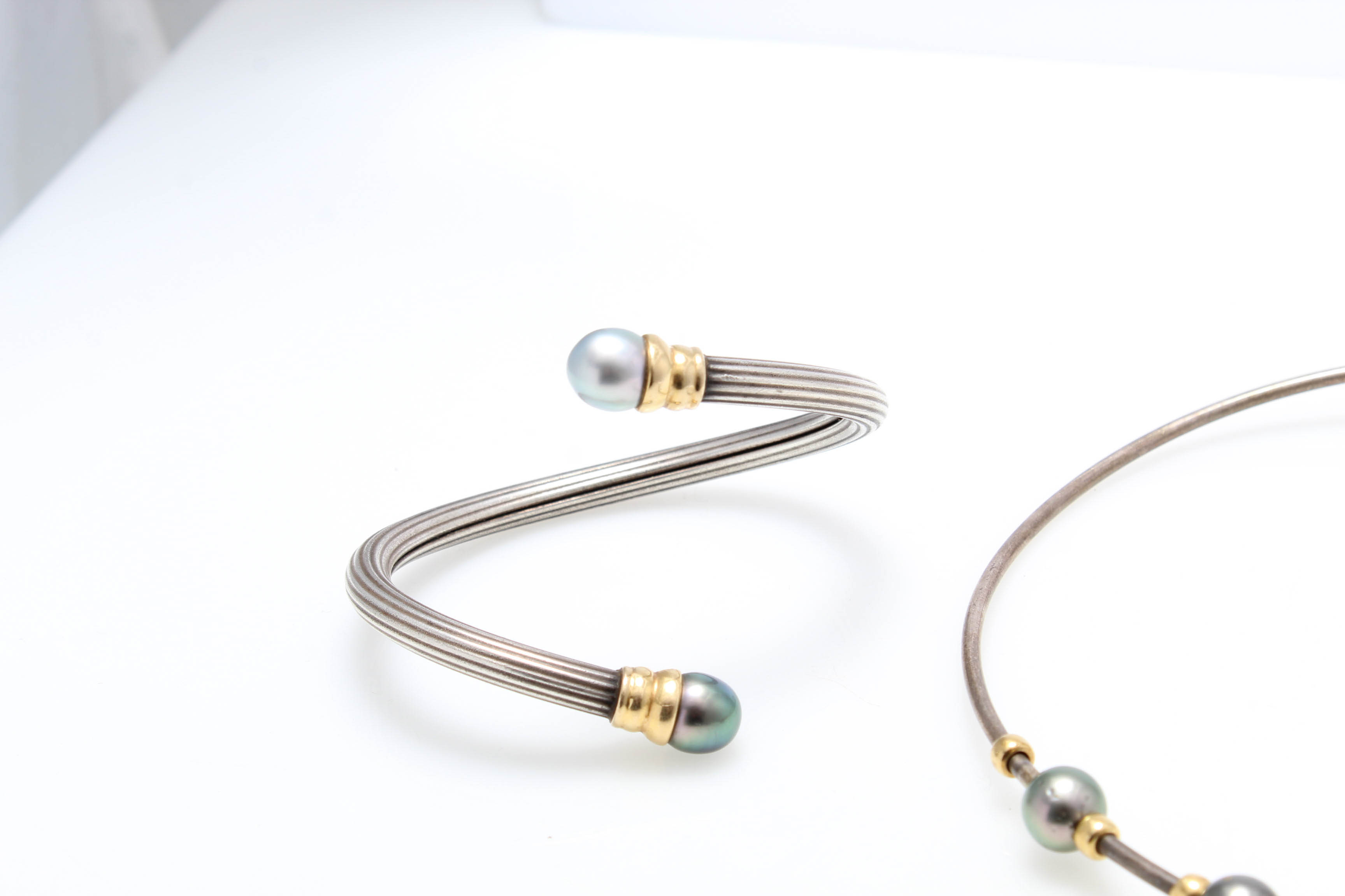 Sterling Silver 14K Yellow Gold Pearl Cuff Bracelet and Necklace