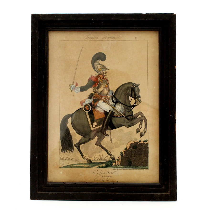 Hand Colored Etching "French Troops, Calvary Soldier"