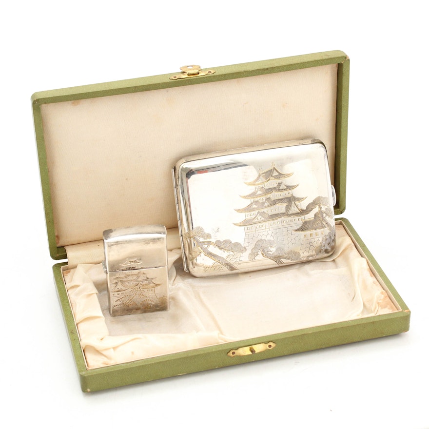 Vintage Japanese Sterling Silver Cigarette Case and Matching Lighter