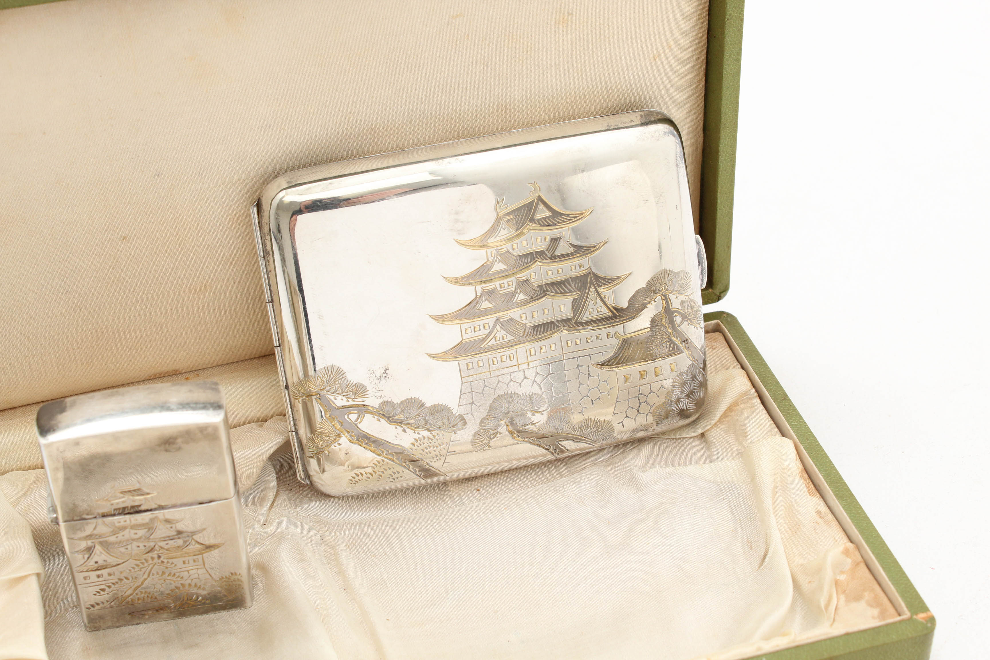 Vintage Japanese Sterling Silver Cigarette Case and Matching Lighter