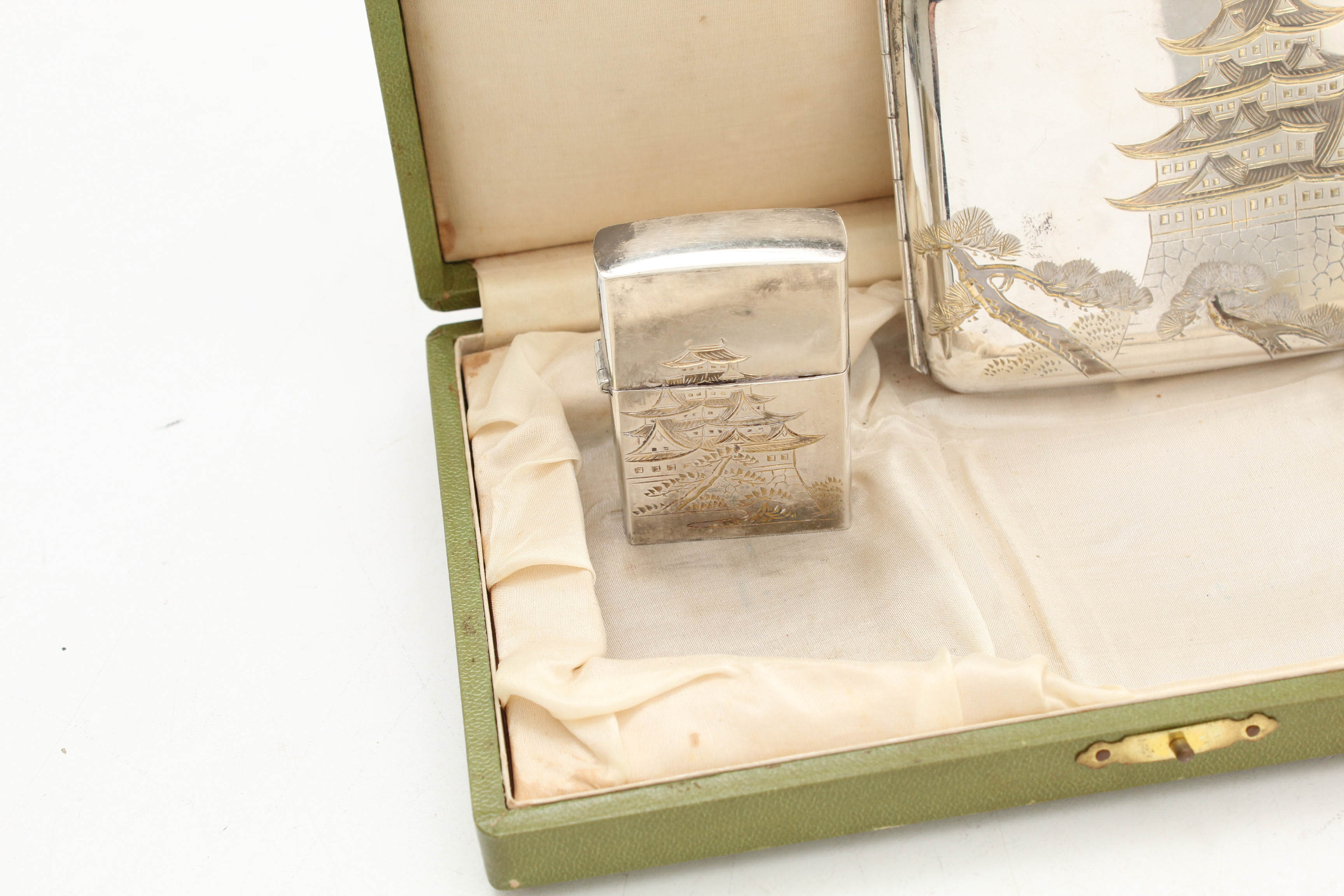 Vintage Japanese Sterling Silver Cigarette Case and Matching Lighter