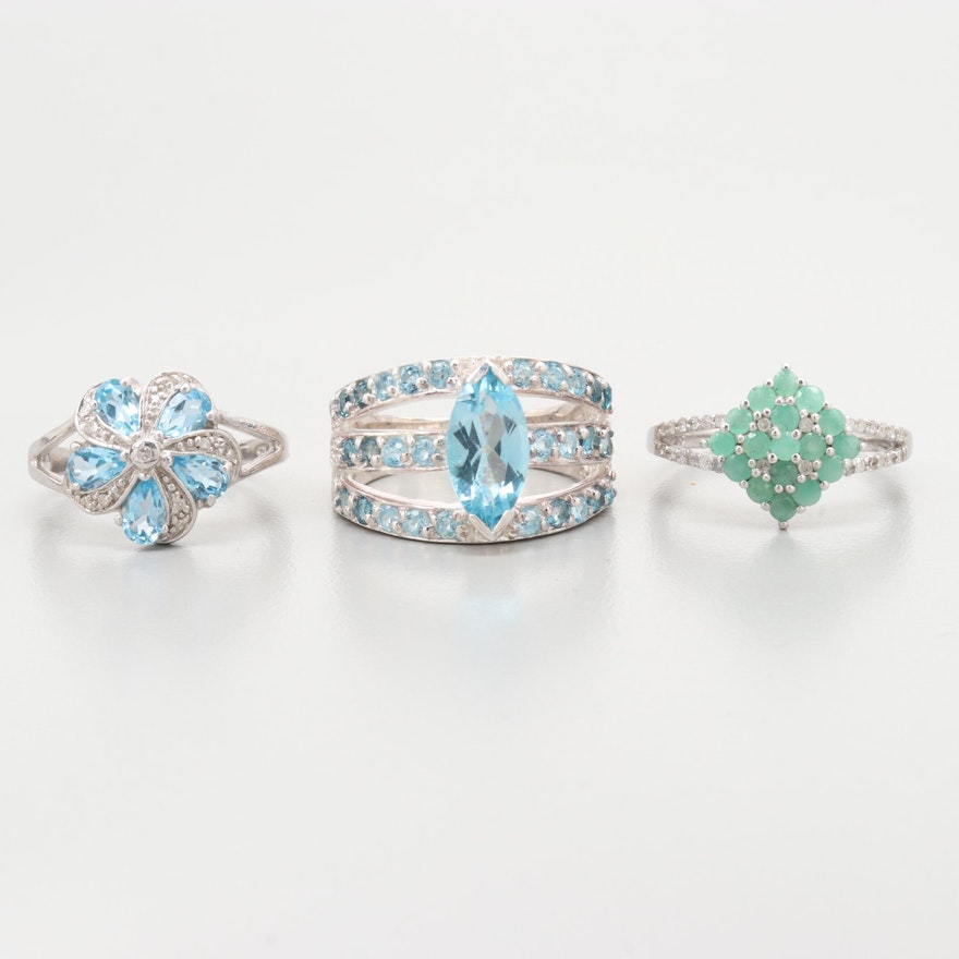 Sterling Silver Rings Including Topaz, Emerald and Diamonds