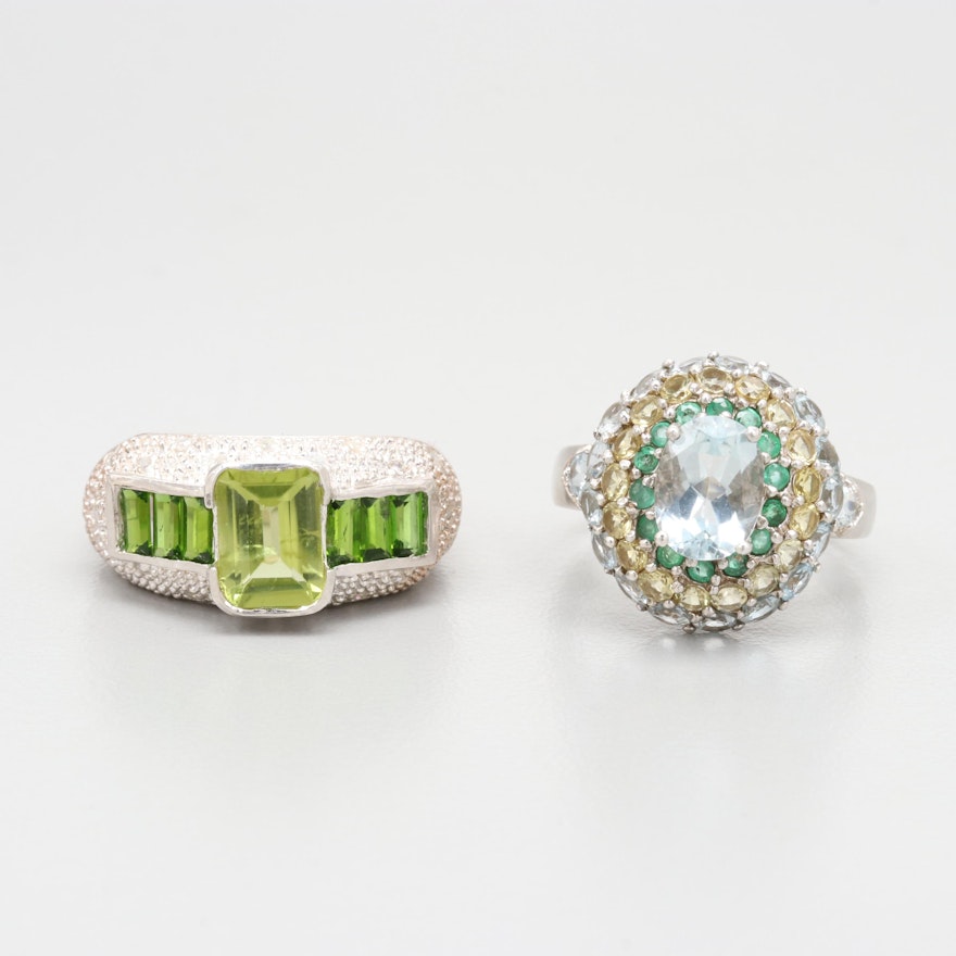 Sterling Silver Ring Selection Including Chrome Diopside, Emerald and Aquamarine