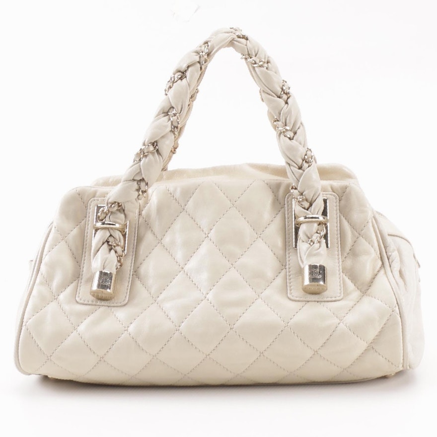 Circa 2006 Chanel Quilted Cream Lambskin Lady Braid Satchel