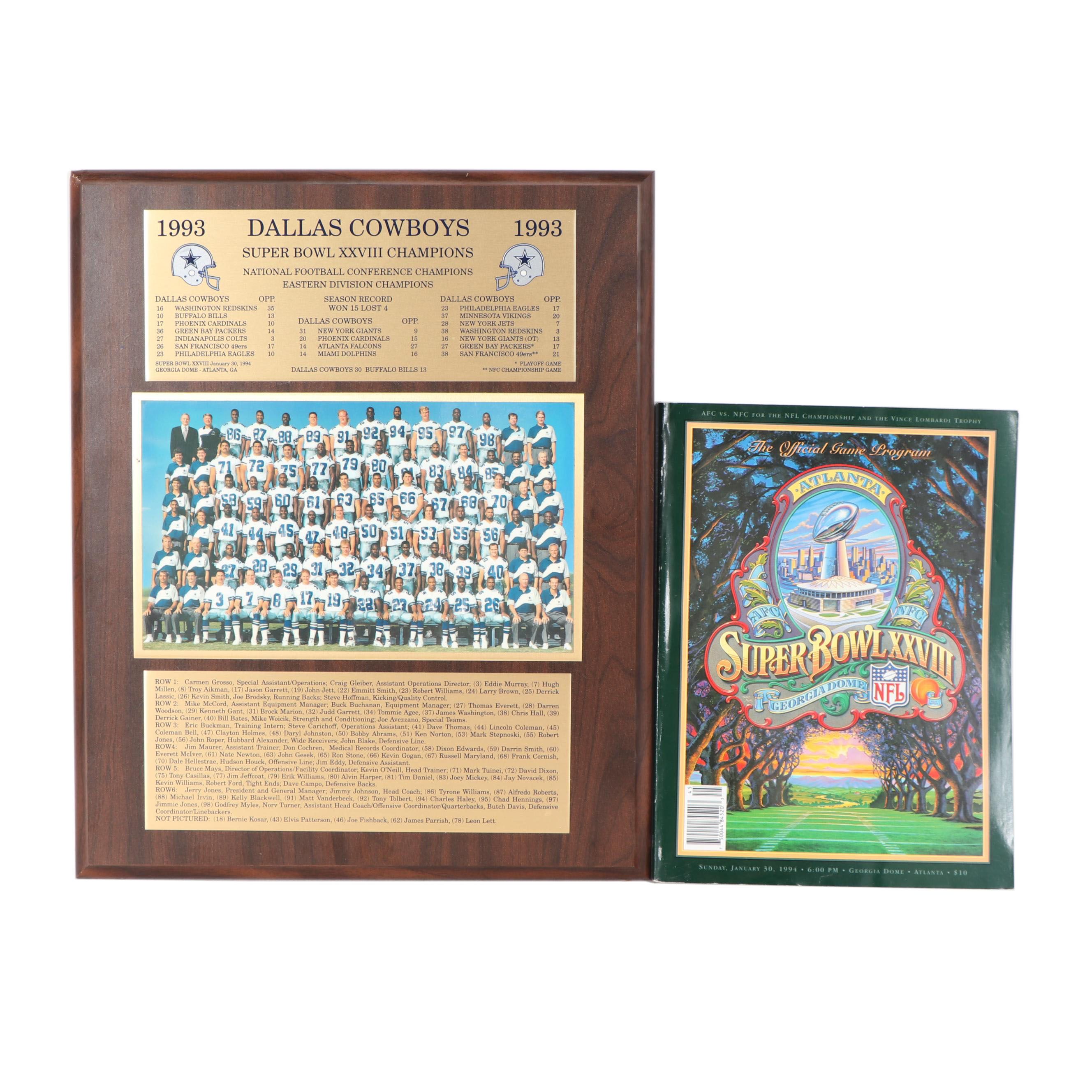 Dallas Cowboys 1993 Team Photograph Plaque with Superbowl XXVIII Program