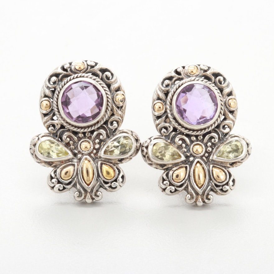 Robert Manse Sterling Amethyst and Praseoline Earrings with 18K Gold Accents