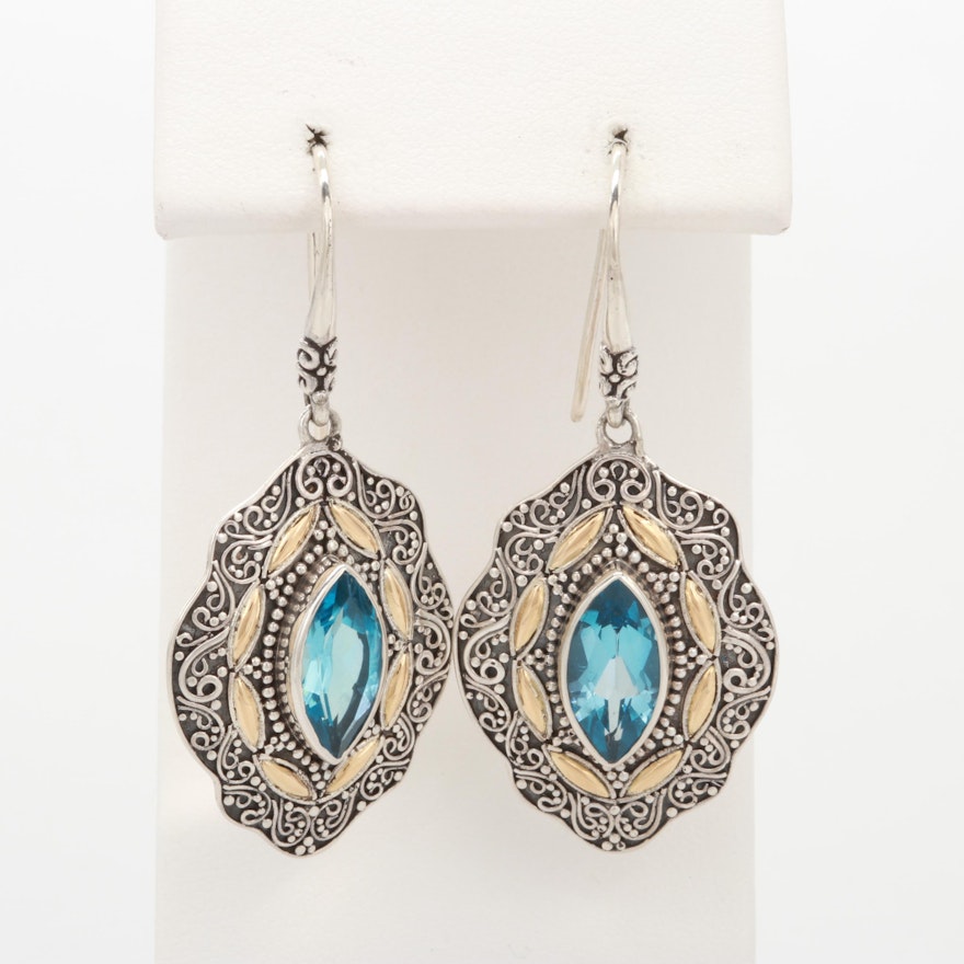 Robert Manse Sterling Silver Blue Topaz Earrings with 18K Yellow Gold Accents