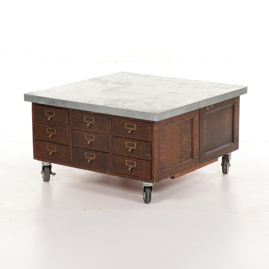 Oak and Zinc Card Catalog Coffee Table on Casters, Early 20th Century