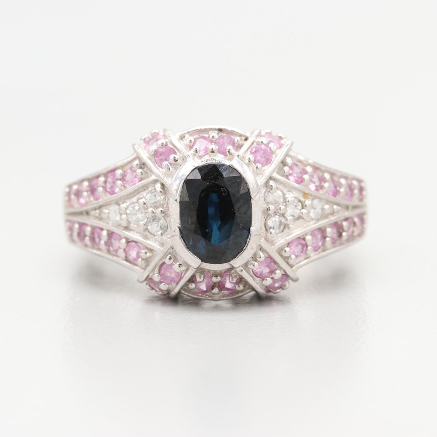 Sterling Silver Blue, Pink and White Sapphire Ring