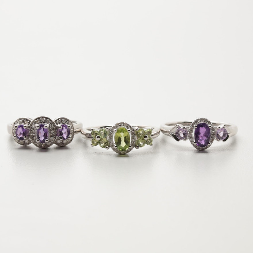 Sterling Silver Peridot, Amethyst and Diamond Rings