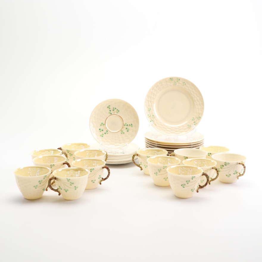 Vintage Belleek "Shamrock" Porcelain Cups, Saucers and Bread Plates