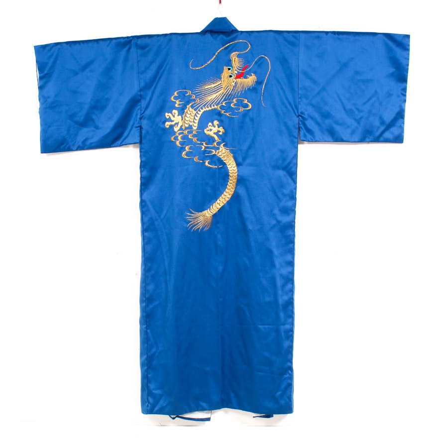 Vintage Embroidered Four-Clawed Dragon Blue Robe, Made in Japan