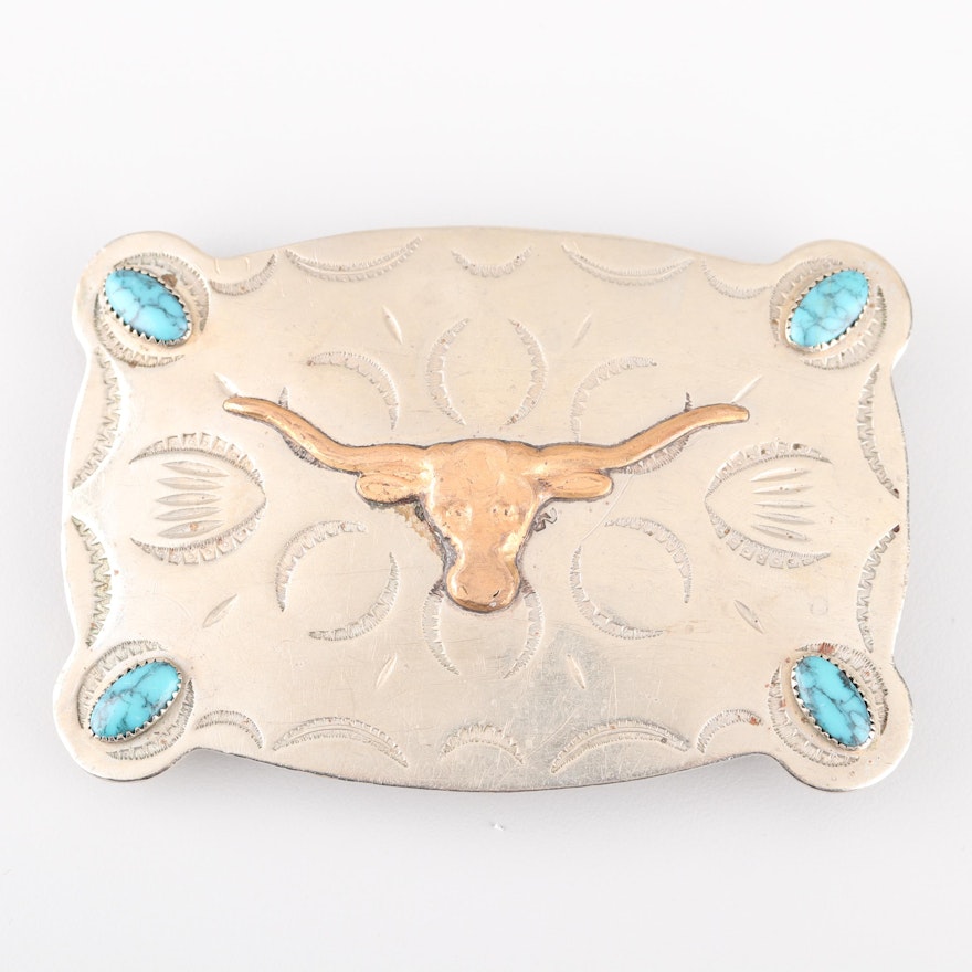 Frontier Buckles Nickel Silver and Turquoise Longhorn Belt Buckle