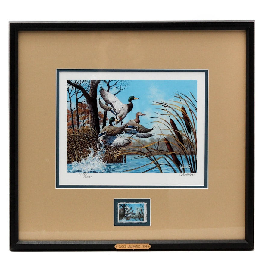 Harold Roe 1992 Ducks Unlimited $5 Stamp and Offset Lithograph