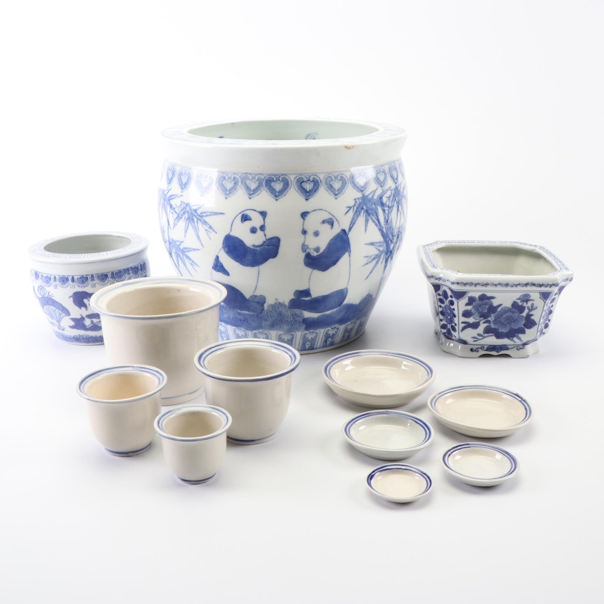 Chinese Blue and White Ceramic Planters and Bowls