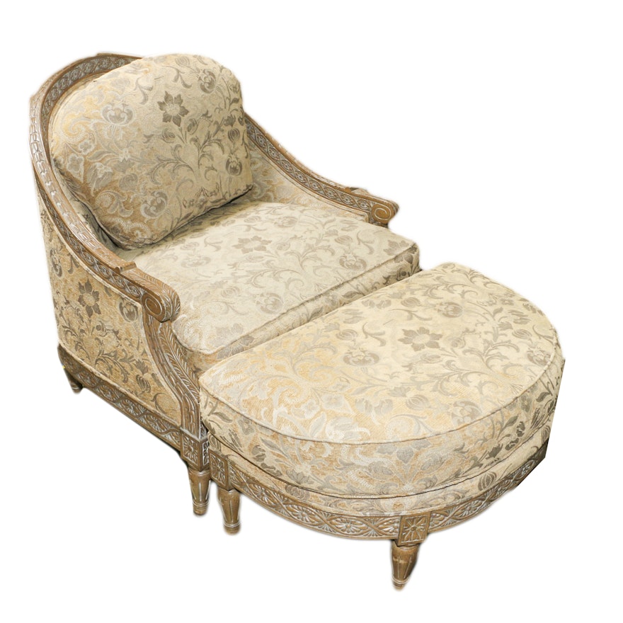 Louis XVI Style Carved Wood Frame Upholstered Armchair and Ottoman, 21st Century