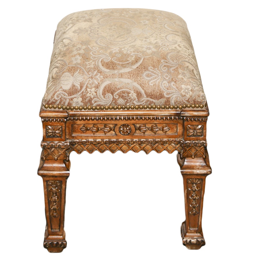 French Style Carved Wood Frame Upholstered "Marquis" Ottoman by Hooker, 21st C.