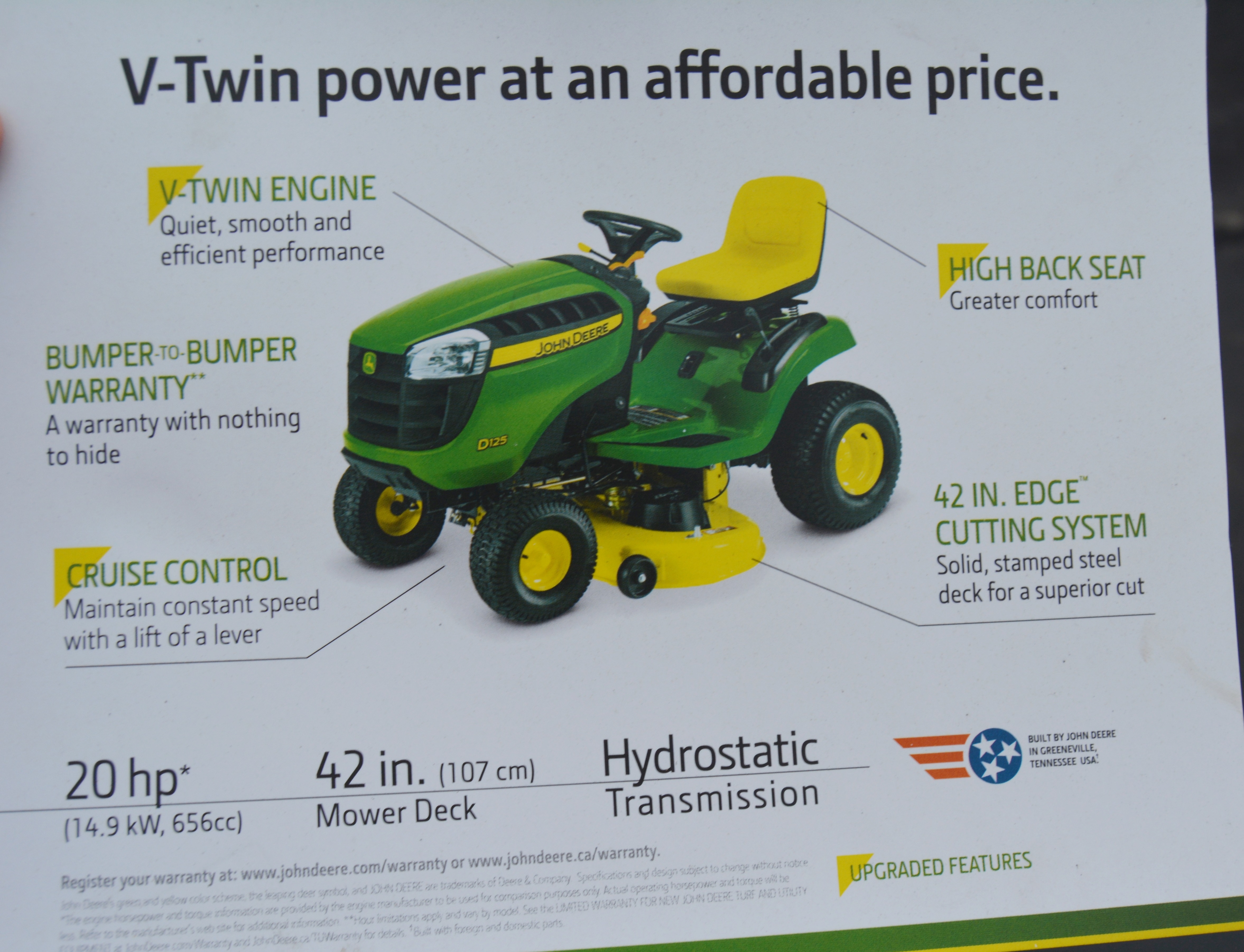 John Deere D125 "100 Series" V-Twin Engine Riding Mower with Accessories
