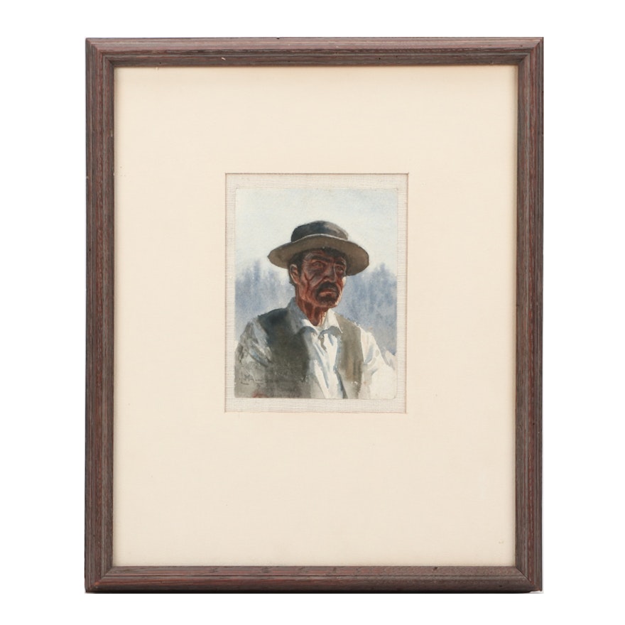 Maynard Dixon Circa 1895 Watercolor Portrait of a Man