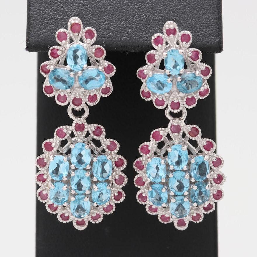Sterling Silver Blue Topaz and Ruby Dangle Earrings