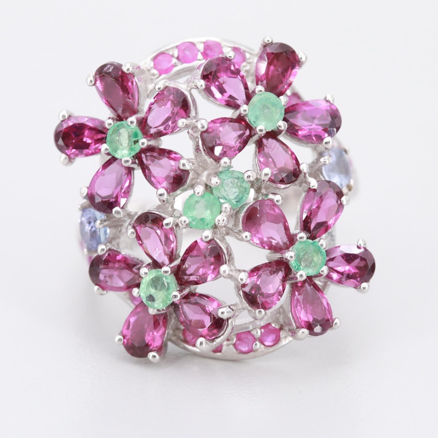 Sterling Silver Emerald, Rhodolite Garnet and Ruby Ring