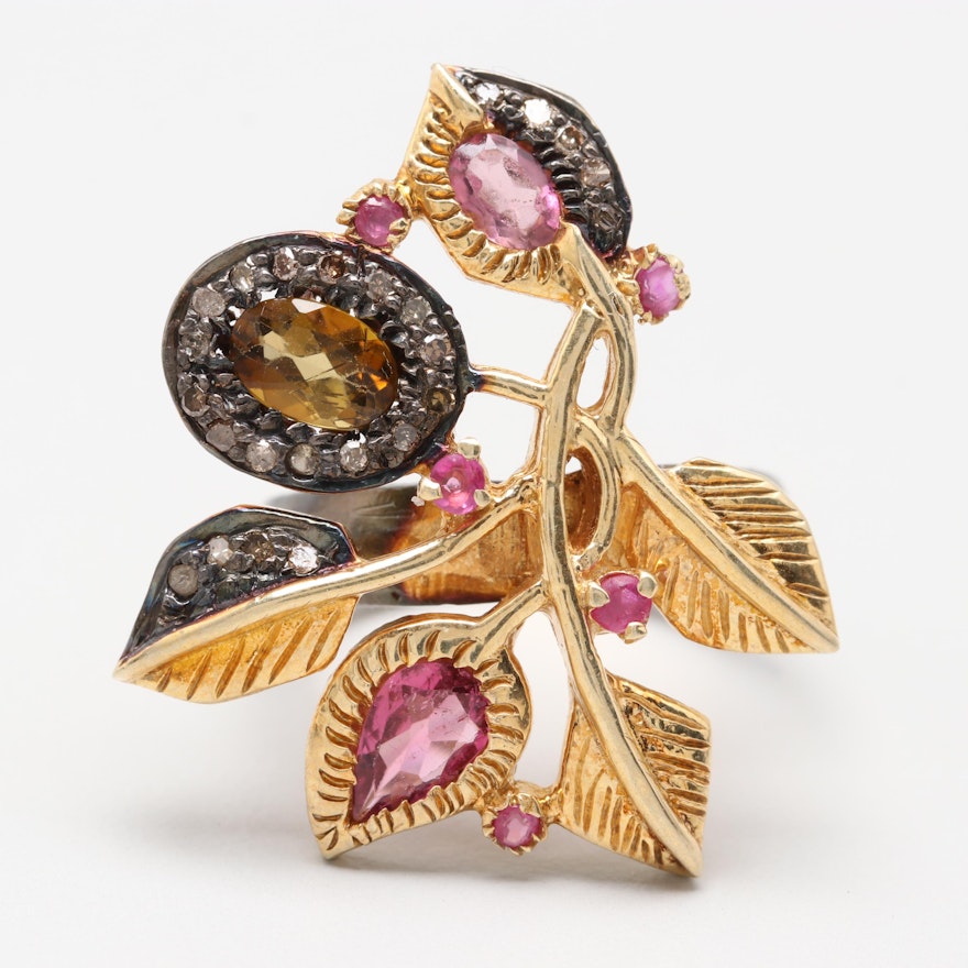 Gold Wash on Sterling Silver Foliate Ruby, Tourmaline and Diamond Statement Ring