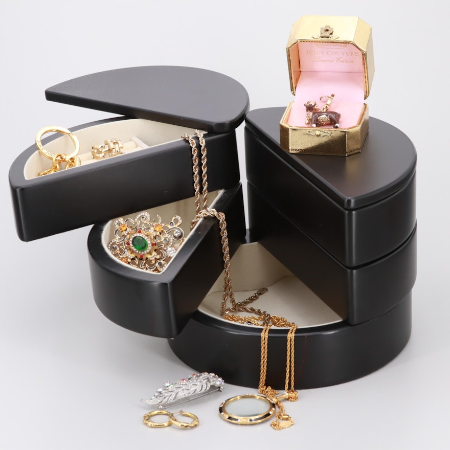 Assortment of Costume Glass and Enamel Jewelry With Jewelry Box