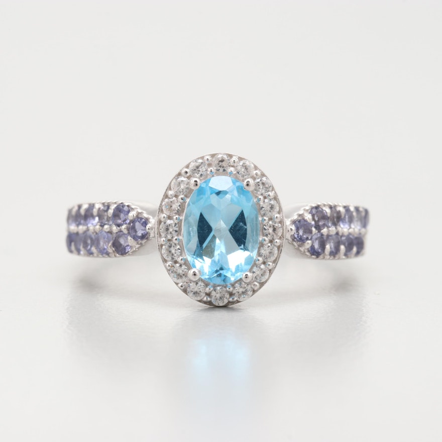 Robert Manse Sterling Silver Blue Topaz, White Topaz and Tanzanite Ring