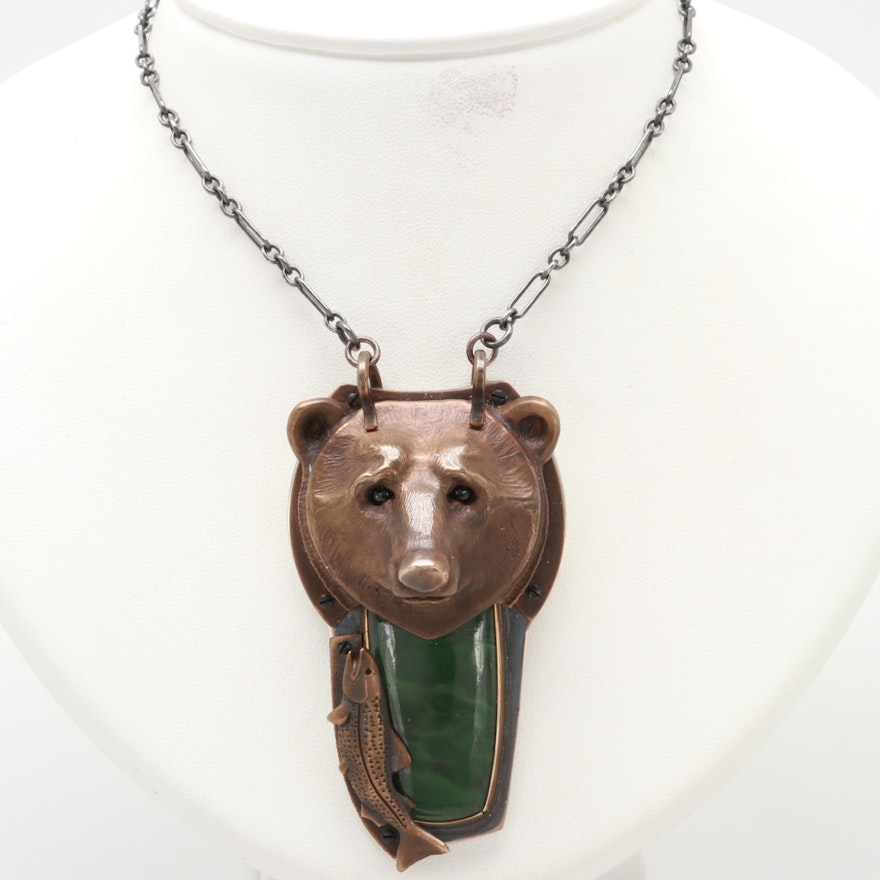 Brooke Stone Sterling and Bronze Tone Black Onyx and Nephrite Bear Necklace