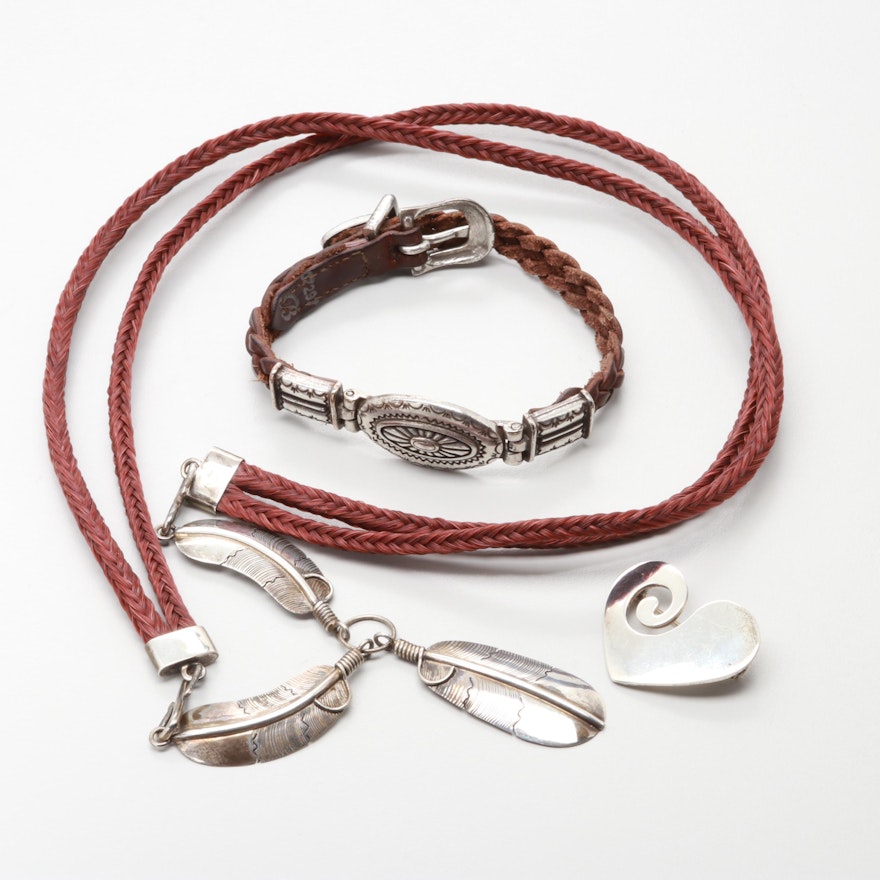 Southwestern Style Sterling Silver Necklace, Bracelet and Heart Brooch